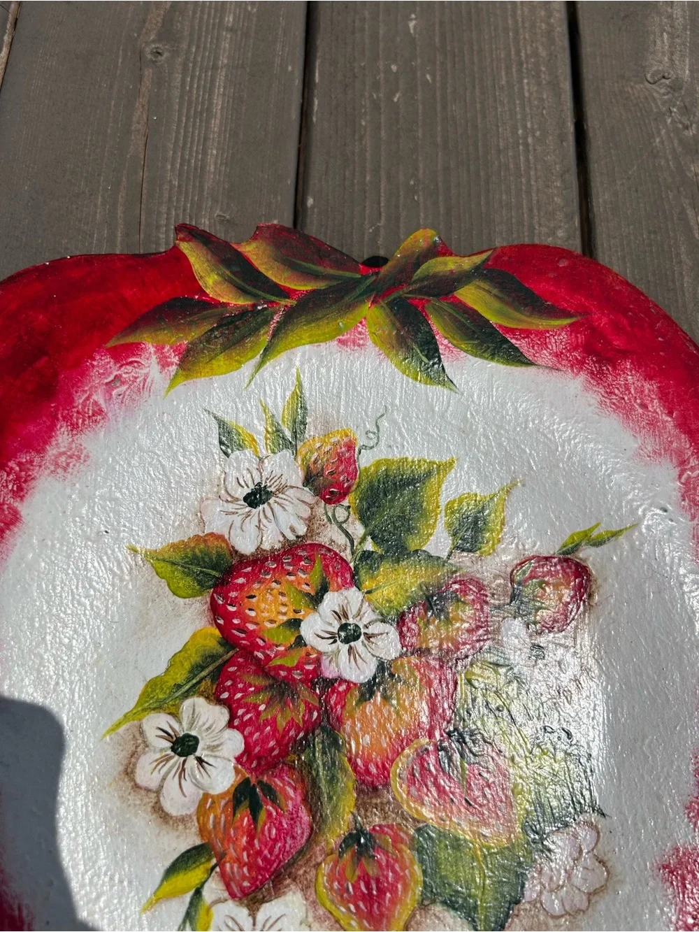 Vintage Wood plate Hand Painted Strawberry strawberries Cottagecore Signed